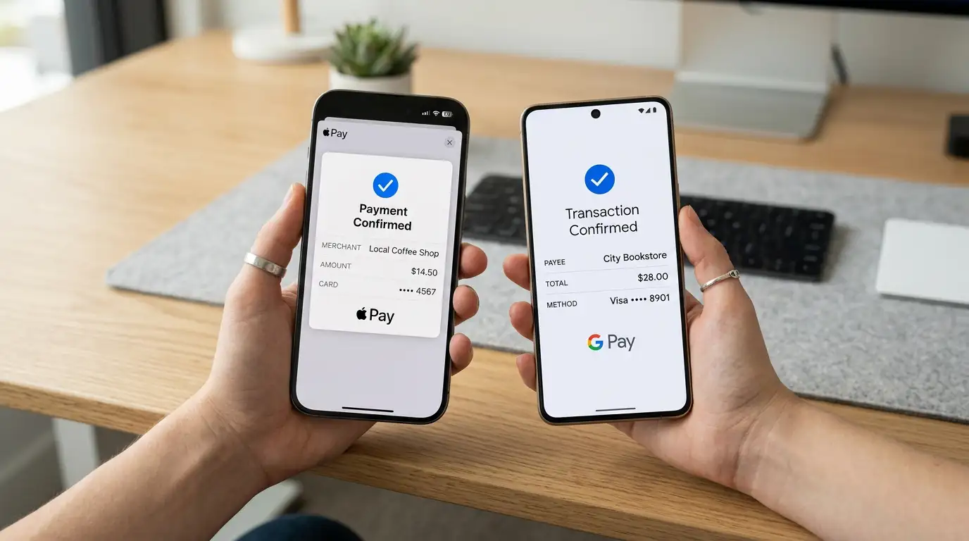 iPhone and Android phone showing Apple Pay and Google Pay payment interfaces
