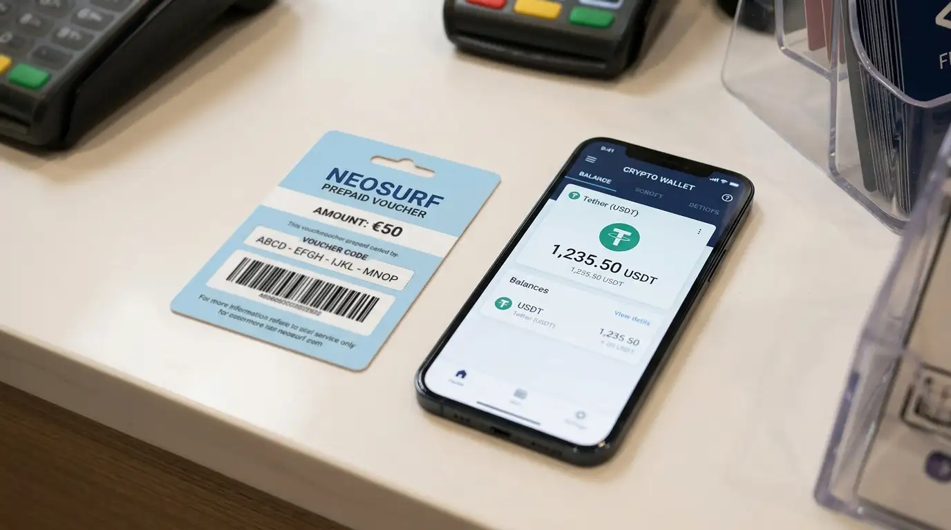Neosurf prepaid voucher card on retail counter next to USDT cryptocurrency wallet app on smartphone