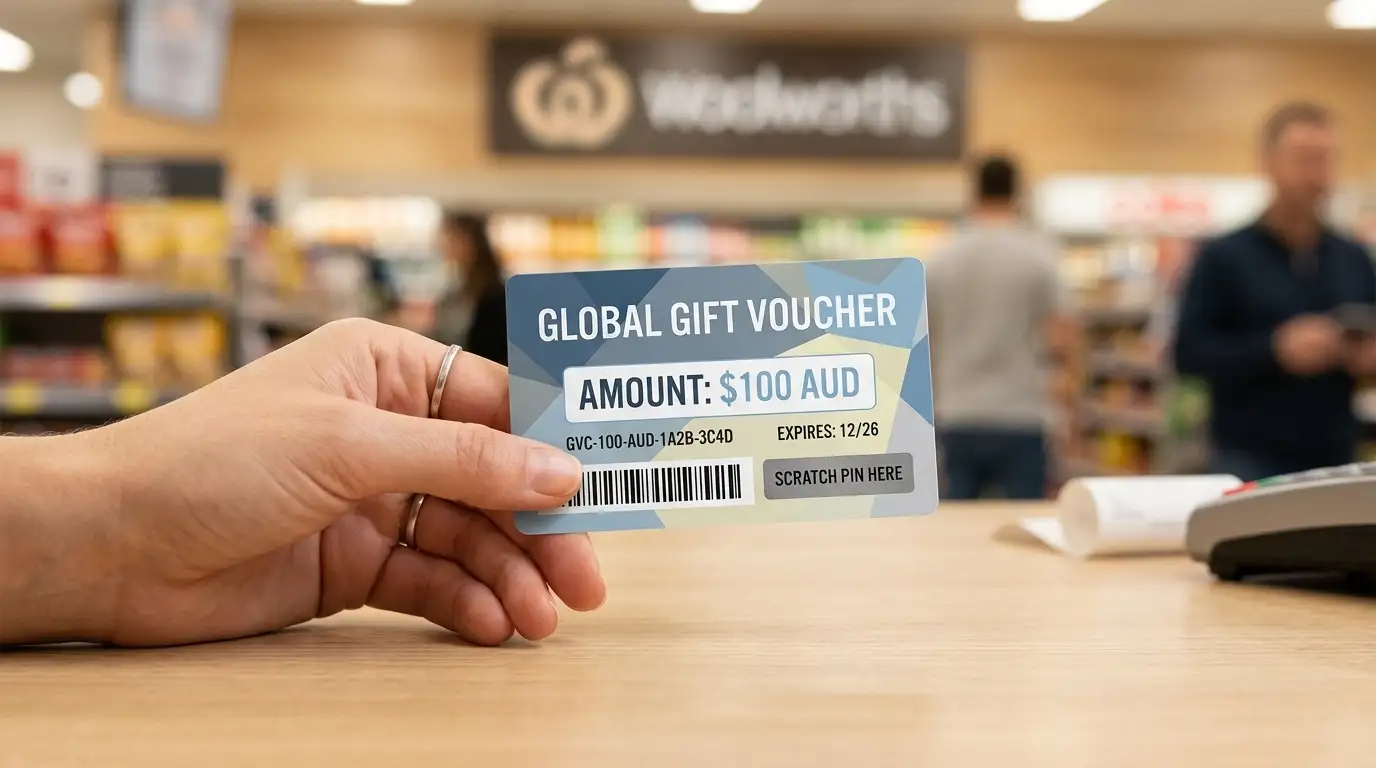 Prepaid voucher card at retail counter in Australian store