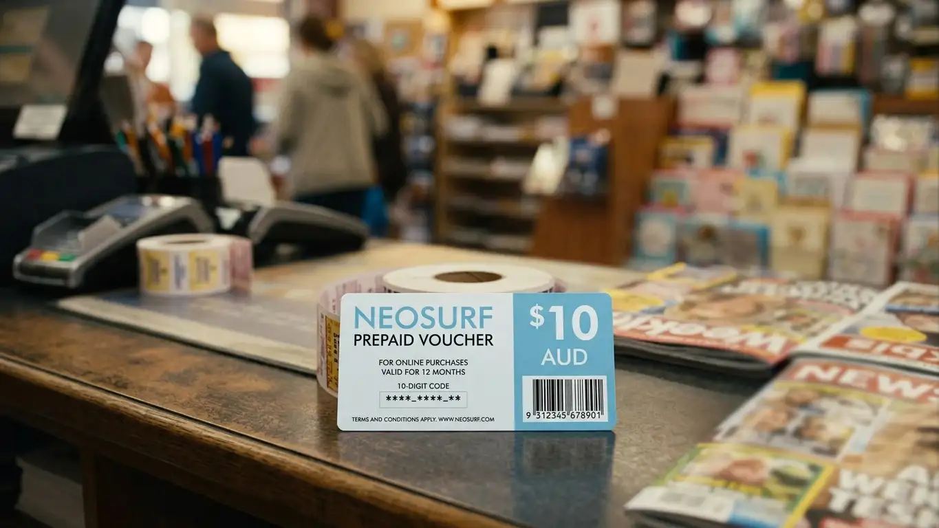 Neosurf prepaid voucher on newsagent counter showing $10 denomination