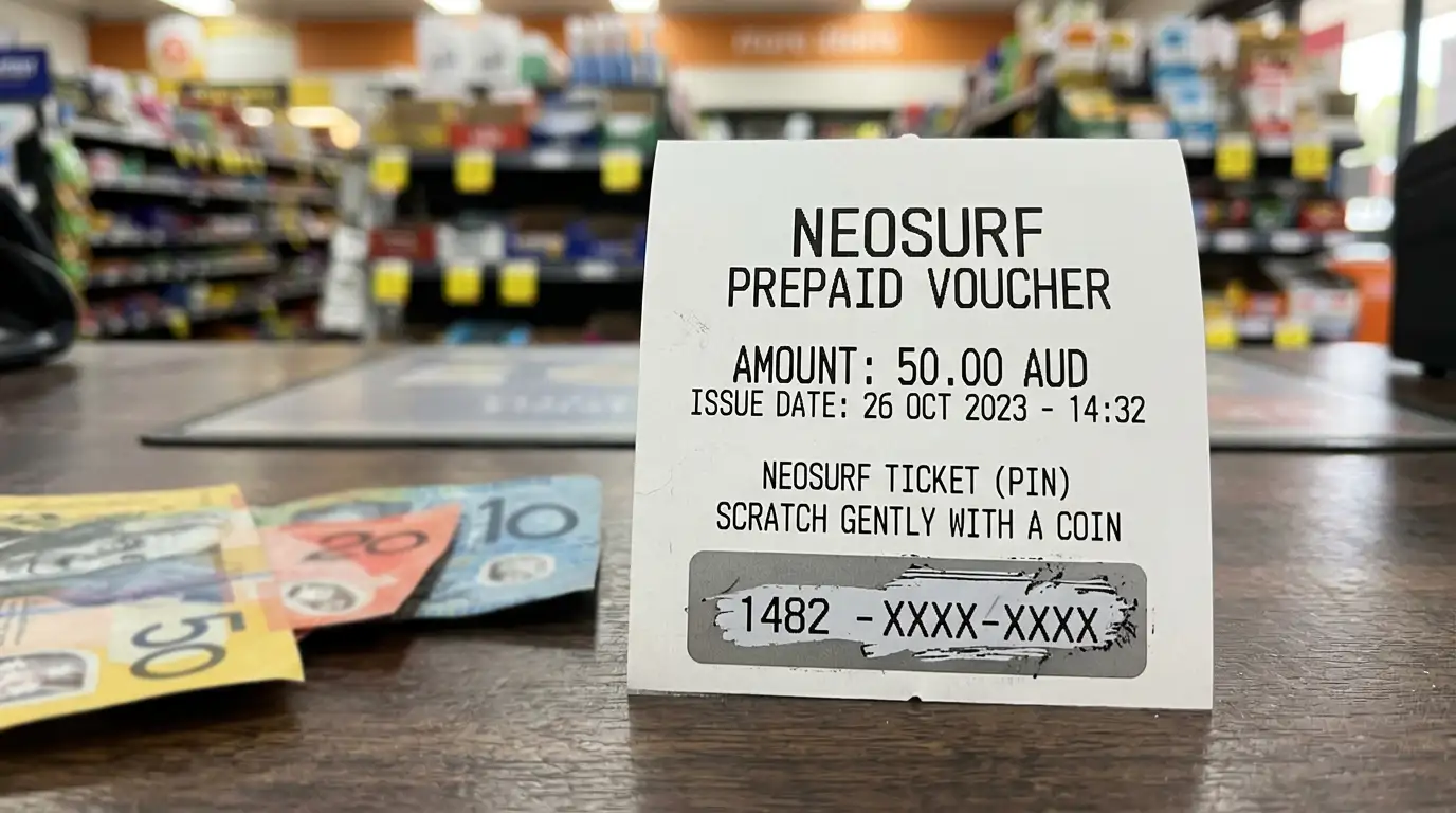 Neosurf voucher receipt with scratch-off PIN panel at Australian retailer