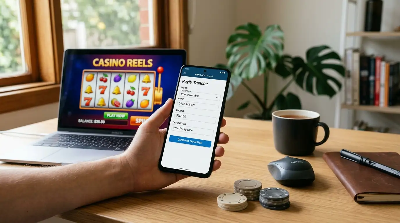Australian smartphone showing PayID pokies deposit with instant banking transfer