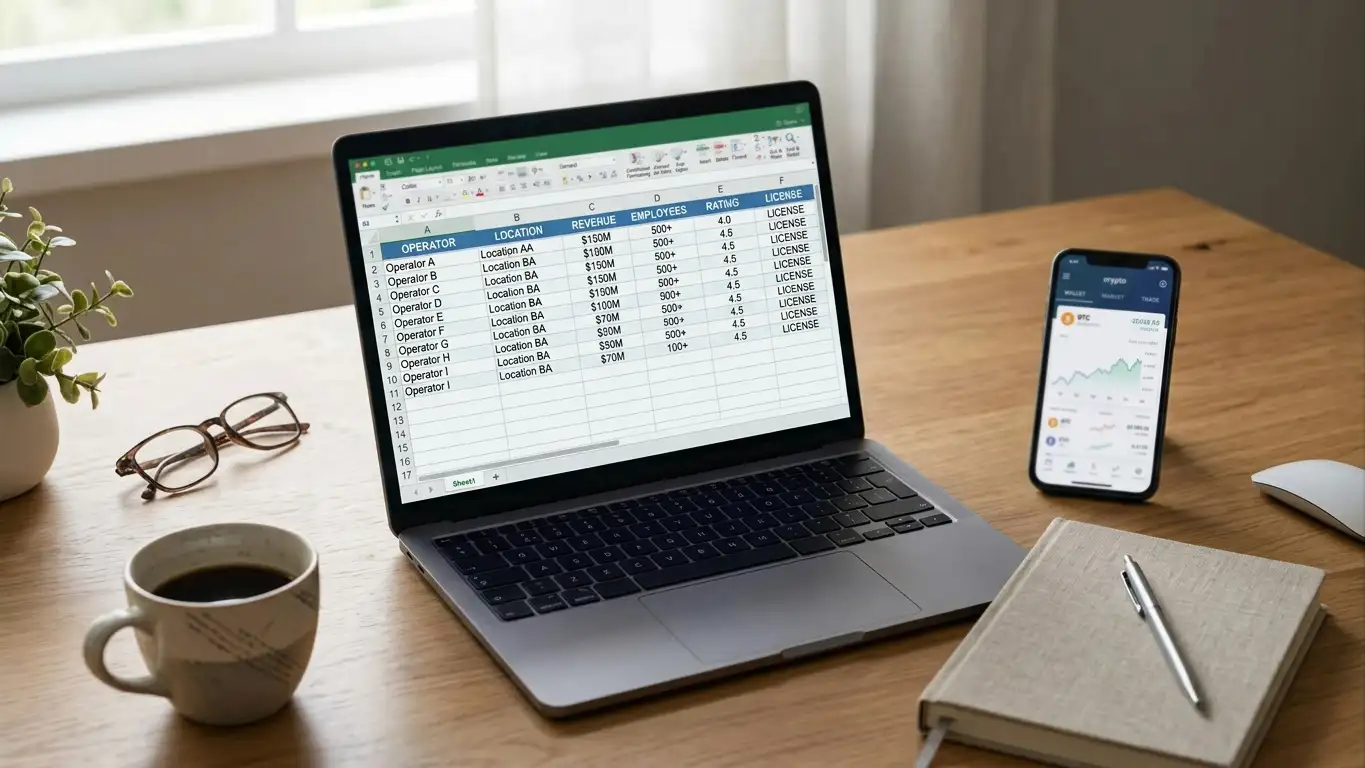 Desk with laptop showing offshore casino comparison and operator reviews