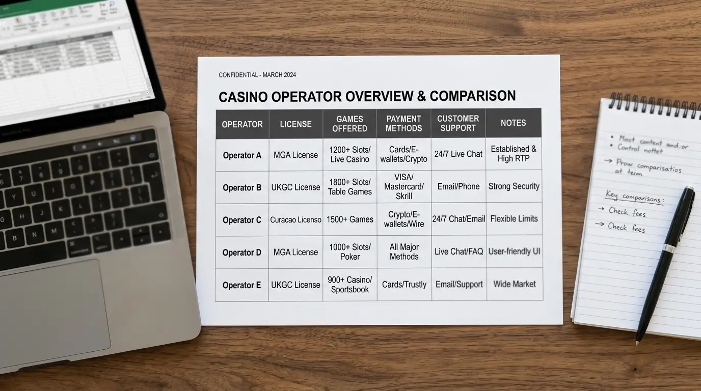 Organised casino comparison document on desk with operator details in structured format