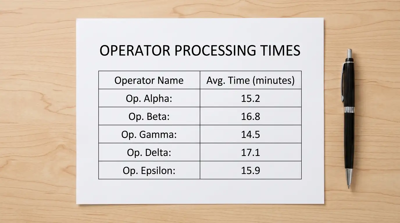 Paper document with comparison table showing operator names and processing times