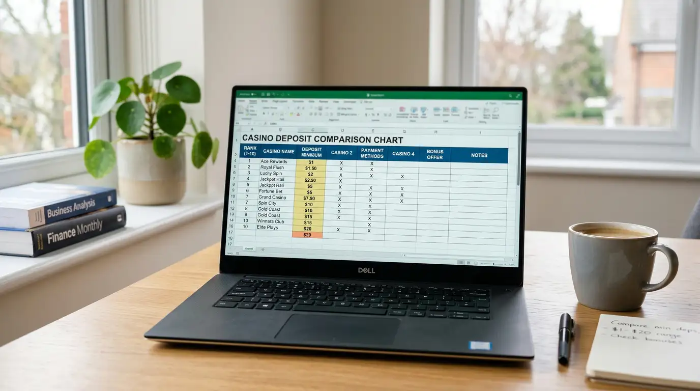 Comparison chart of offshore casino deposit minimums on laptop screen