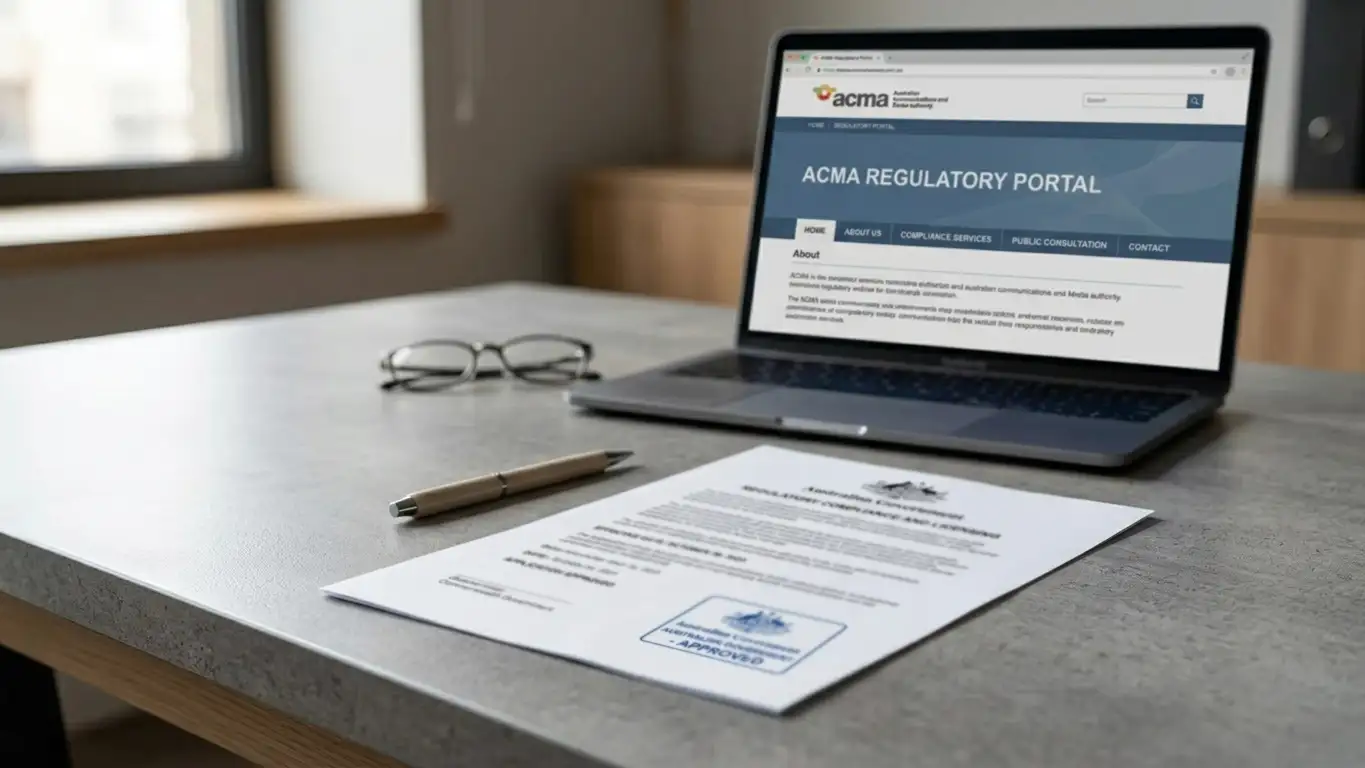 Australian legal document with official stamp and laptop showing ACMA regulatory information