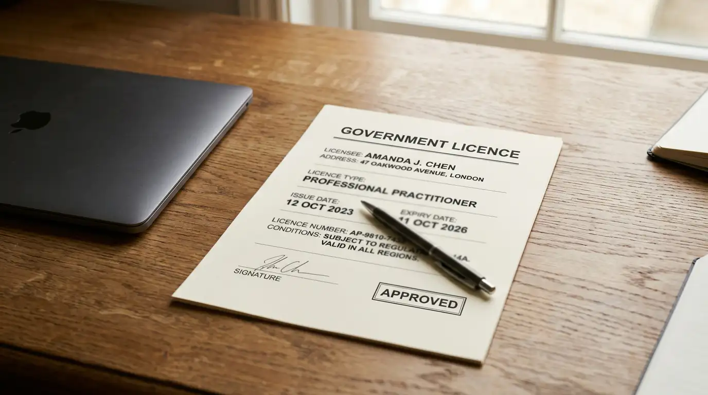 A neutral gaming licence document resting on a desk beside a laptop