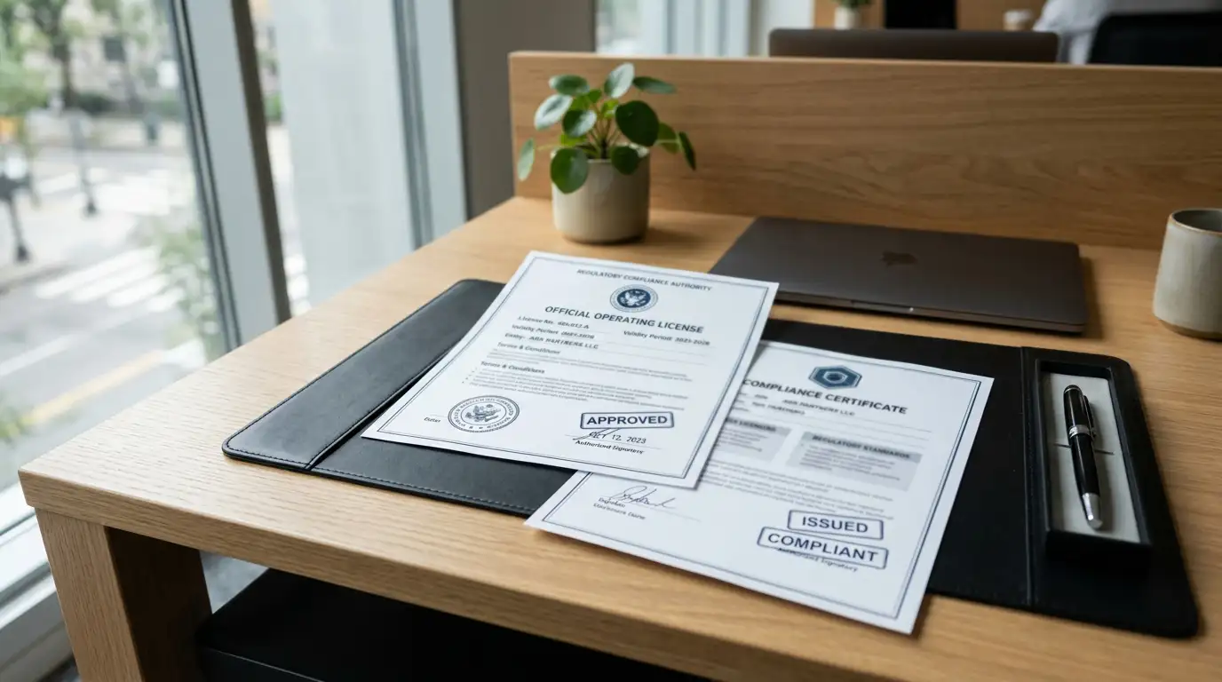 Offshore gaming licence document and regulatory seal on desk