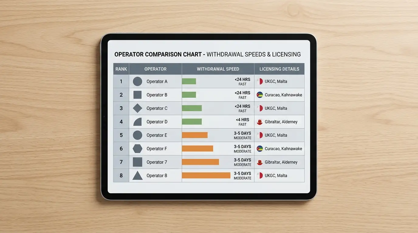 Comparison chart showing casino operator rankings with withdrawal speeds and licenses