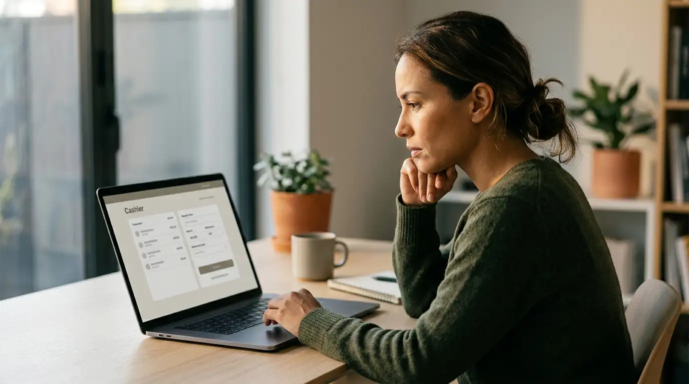 Person reviewing casino withdrawal request on laptop with concerned expression