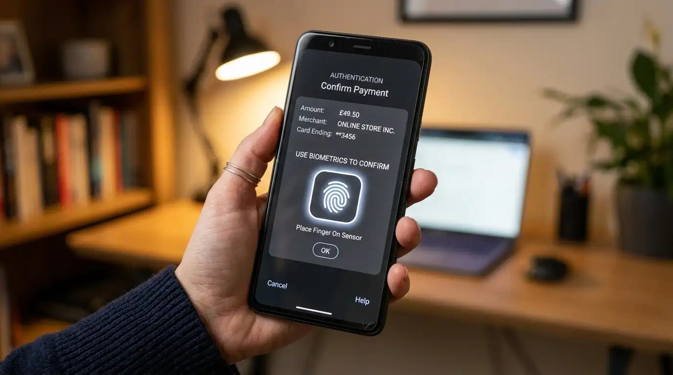 Smartphone displaying 3D Secure authentication prompt with biometric fingerprint verification