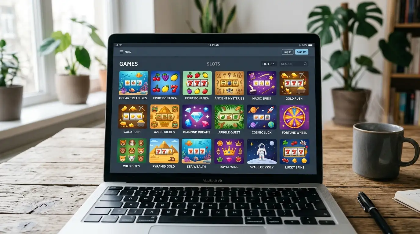Laptop screen displaying online pokies game library with variety of slot titles