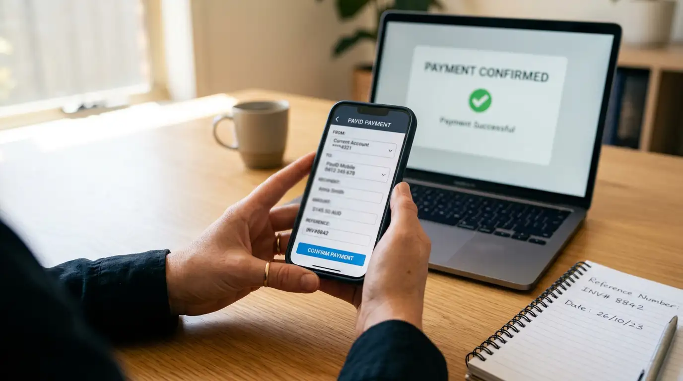 Mobile phone showing PayID payment screen with casino reference number for OSKO deposit