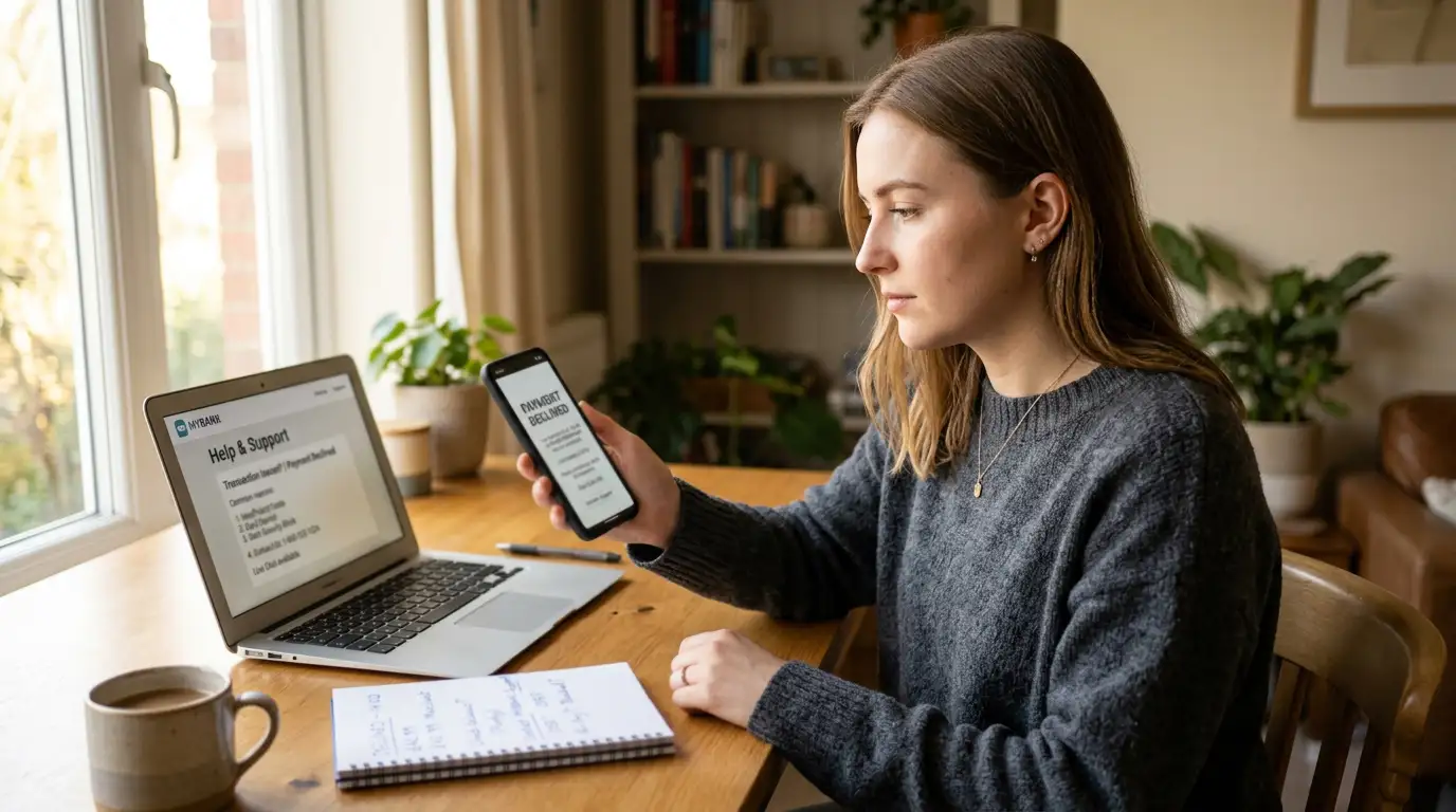 Smartphone showing OSKO payment declined notification with troubleshooting steps