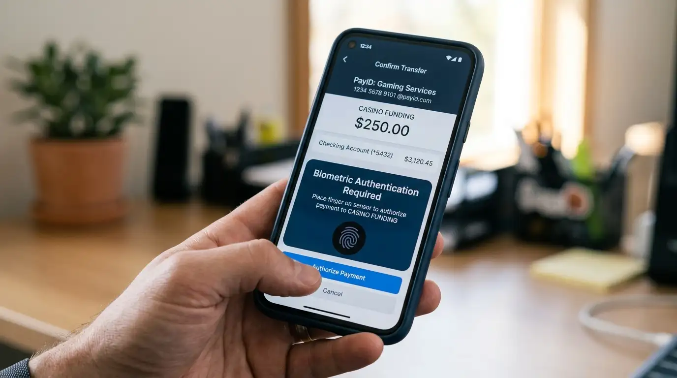 Smartphone showing PayID transfer screen with casino payment details and bank authentication