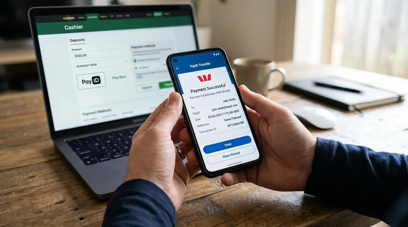 Person using smartphone with PayID banking app for casino deposit