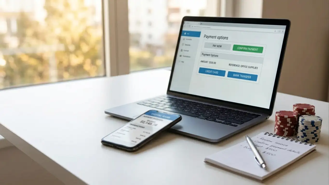 Payment options comparison with smartphone, laptop, and poker chips