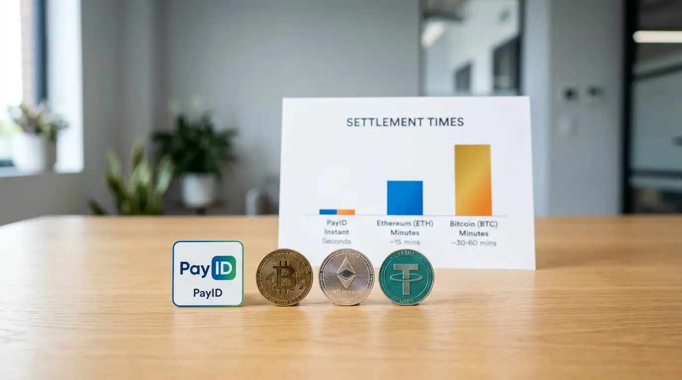 PayID and cryptocurrency payment icons side by side with speed comparison chart