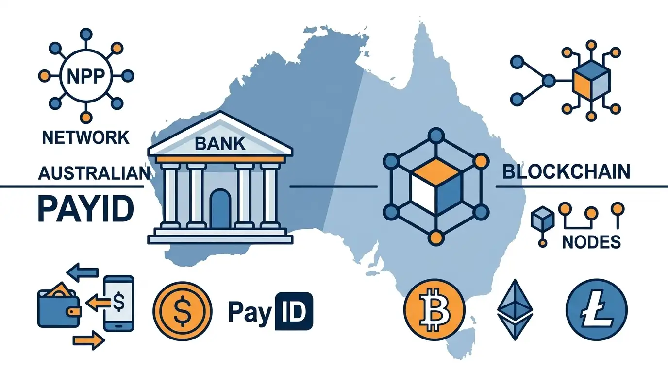 PayID and cryptocurrency logos with Australia map showing NPP coverage
