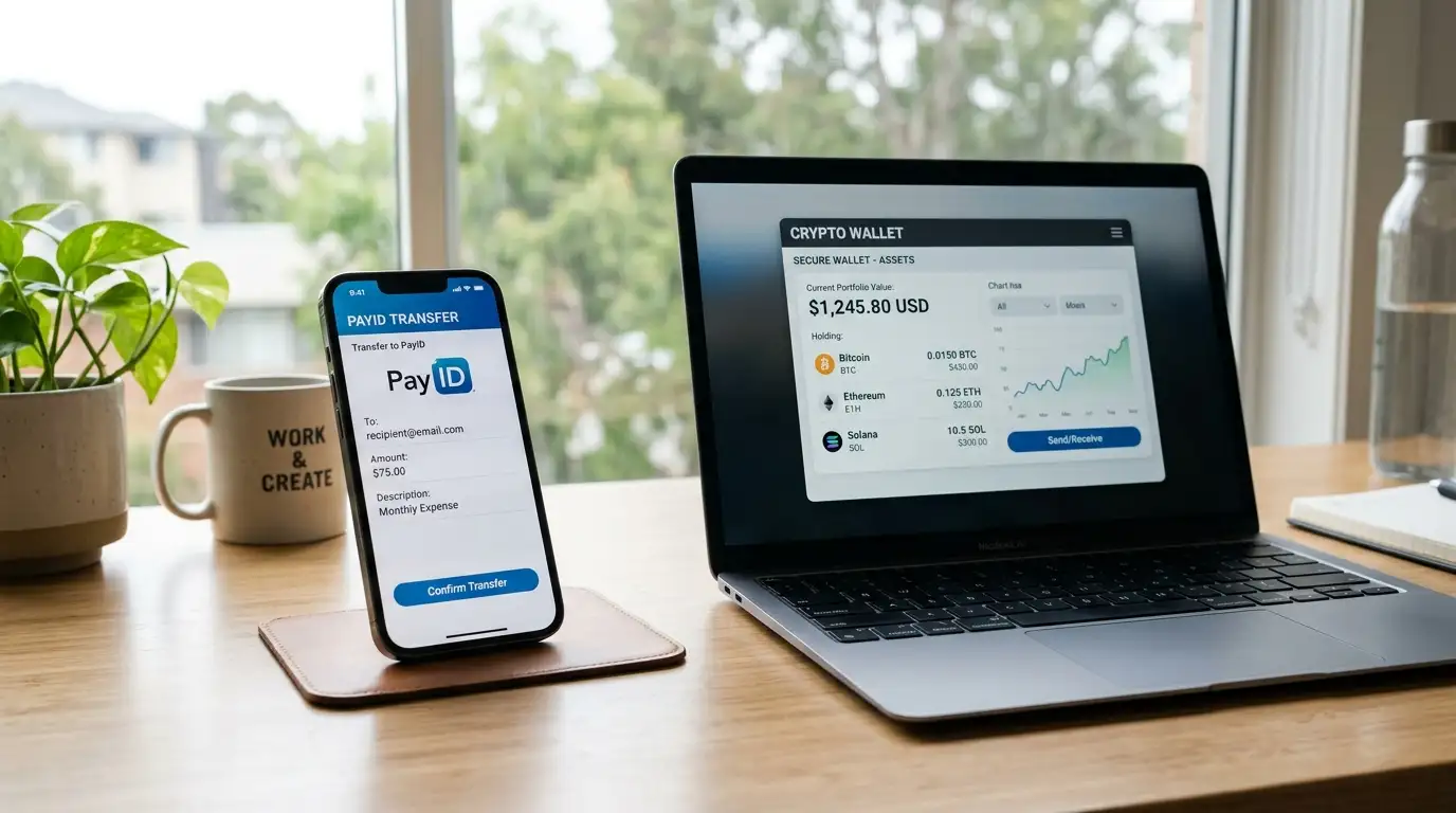 PayID smartphone interface and cryptocurrency wallet on laptop showing payment options