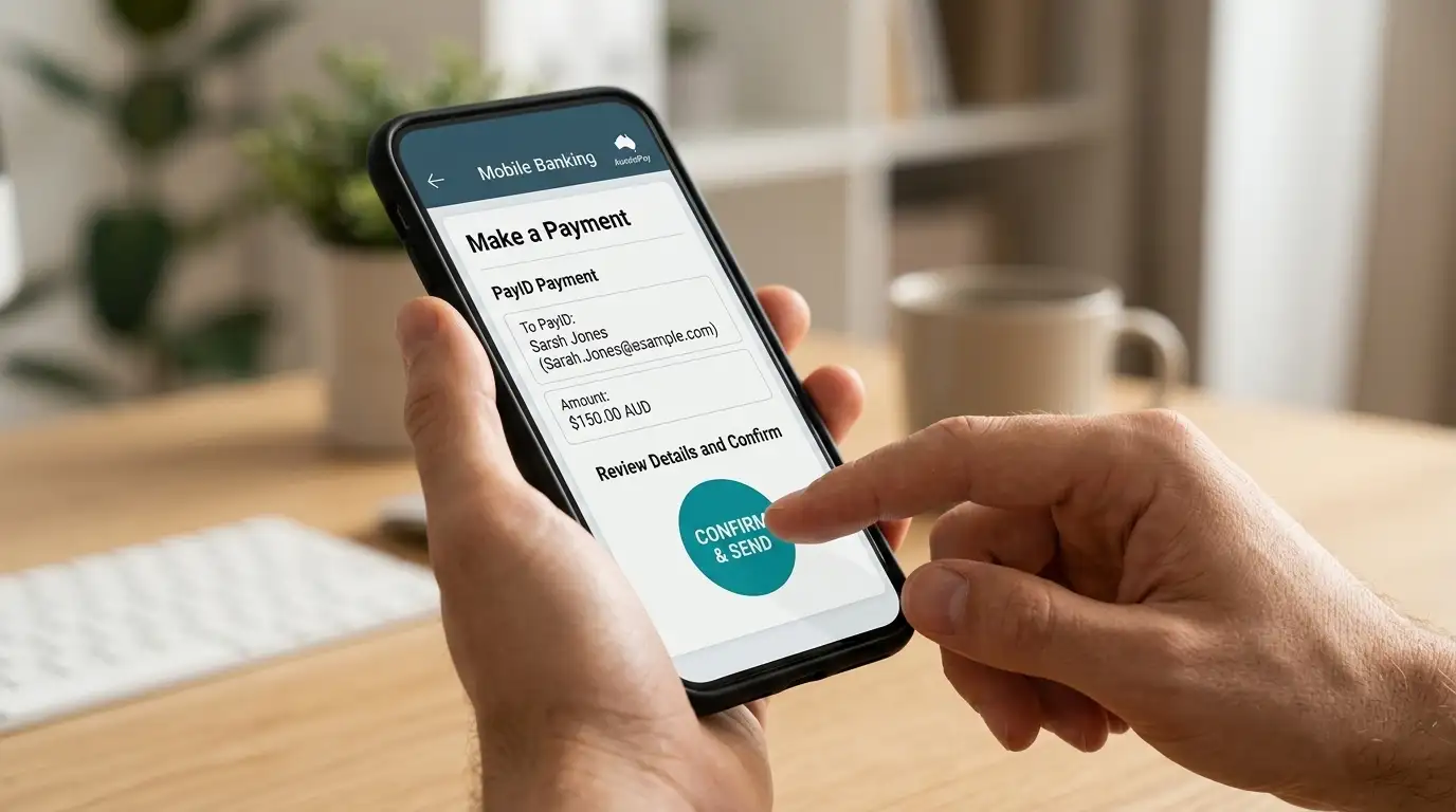 Person using mobile banking app to make PayID deposit to casino