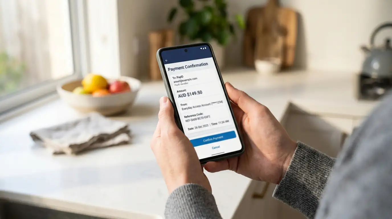 Hands holding smartphone showing banking app payment confirmation with PayID identifier