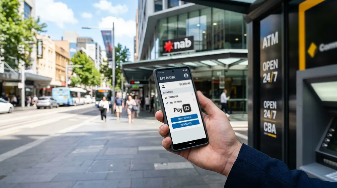 Smartphone displaying PayID banking interface with Australian bank building in background