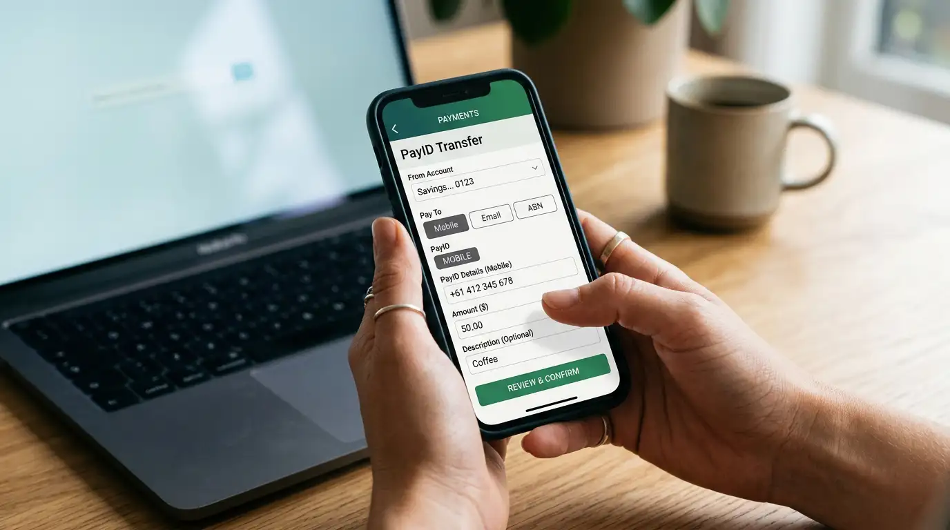 Smartphone showing PayID instant bank transfer interface for casino deposit