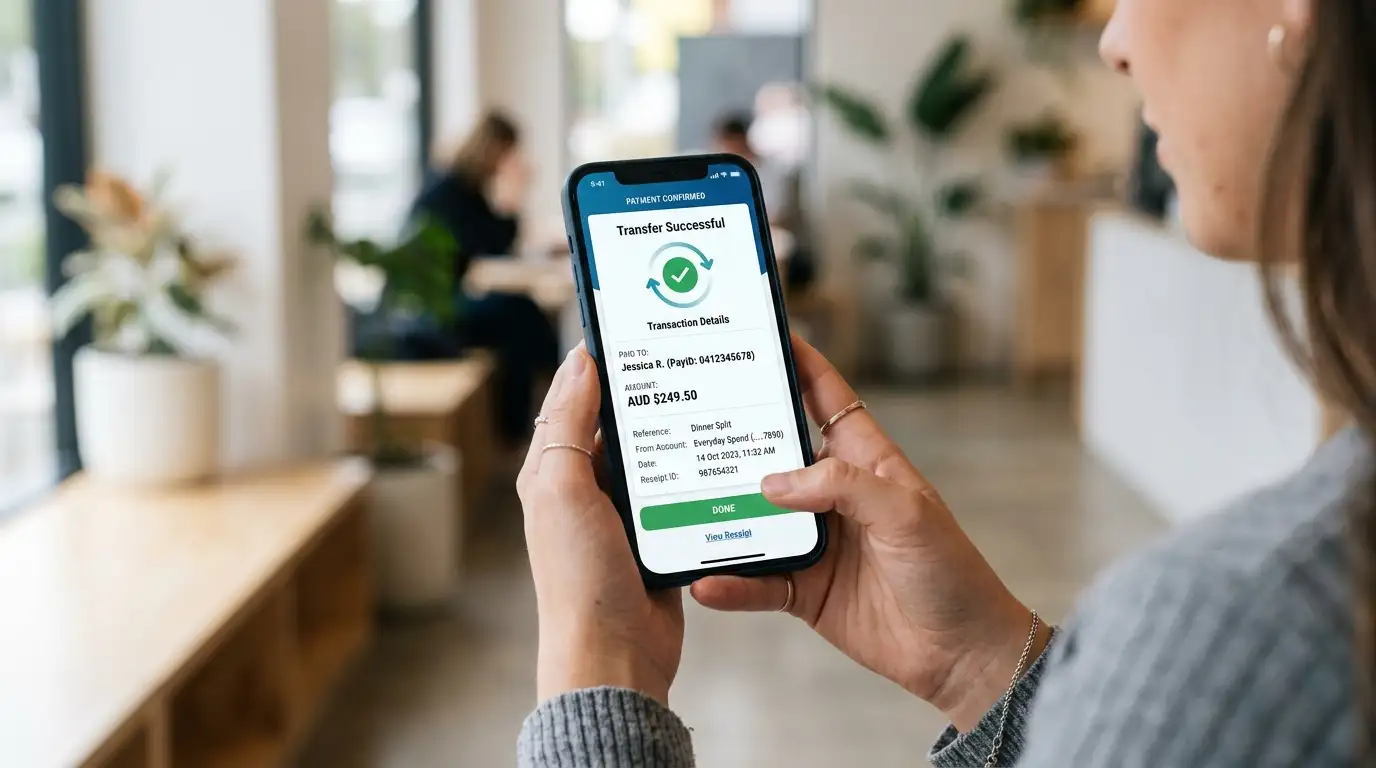 PayID mobile banking interface showing instant transfer confirmation