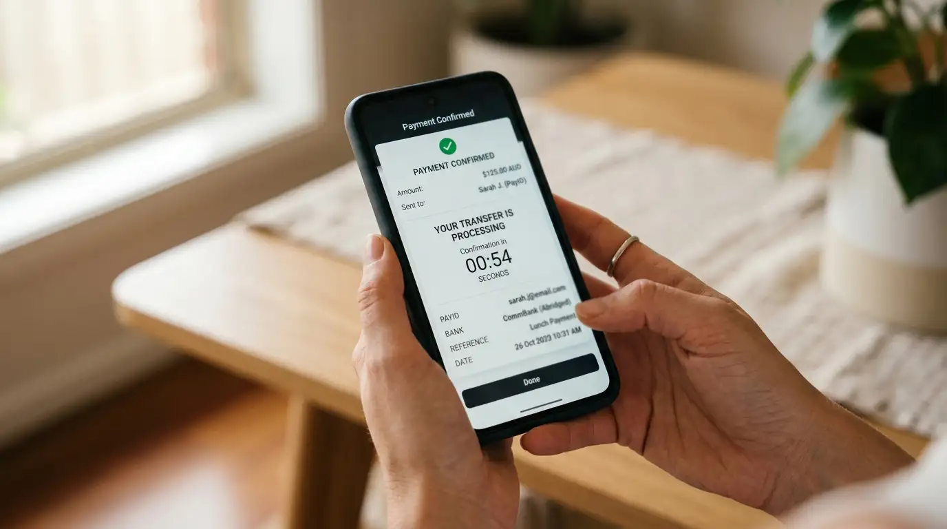Smartphone showing PayID transfer confirmation with under 60 seconds timer