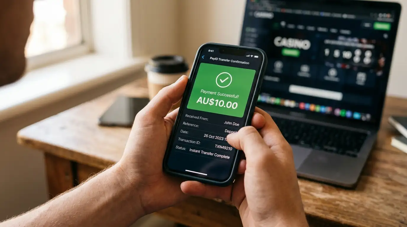 PayID instant deposit confirmation on mobile banking app for casino transaction