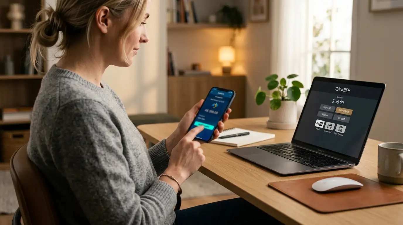 Person using smartphone banking app to initiate PayID casino transfer