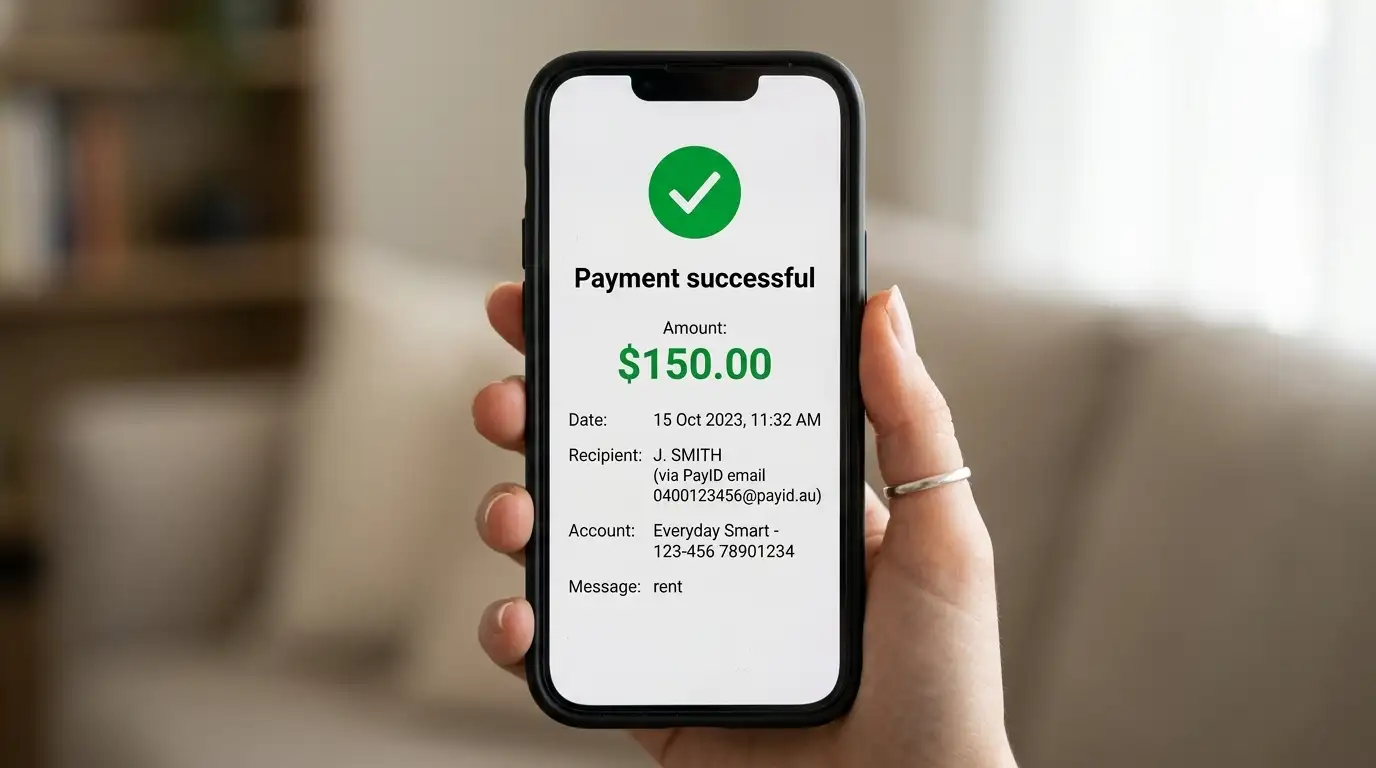 Australian mobile phone showing PayID instant bank transfer interface