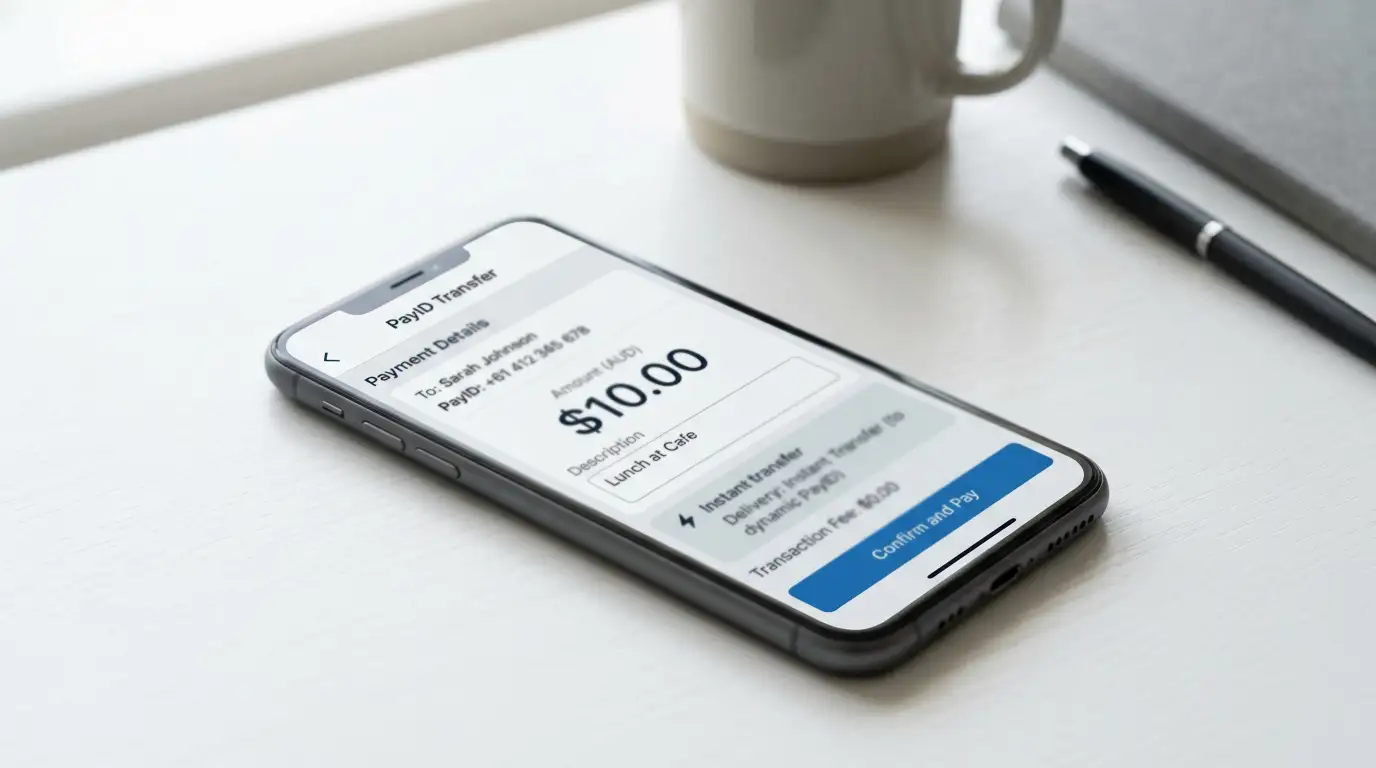 Smartphone showing PayID instant transfer interface with $10 amount