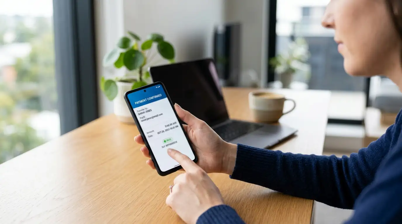 Person using banking app on phone to complete instant PayID transfer to online casino