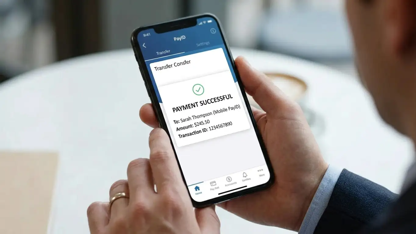 Smartphone displaying PayID instant bank transfer on Australian banking app