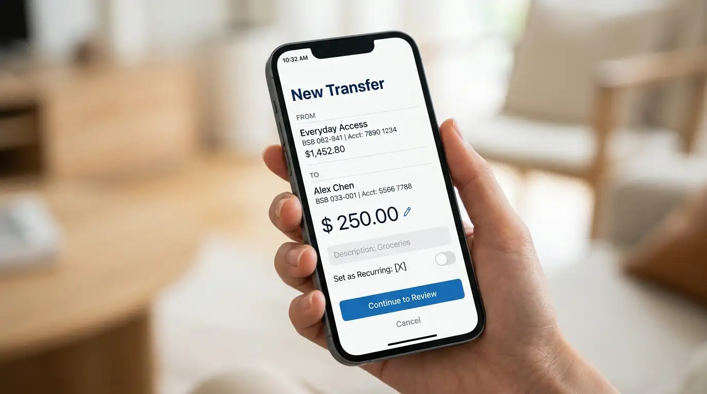 PayID instant withdrawal on smartphone showing Australian bank account transfer