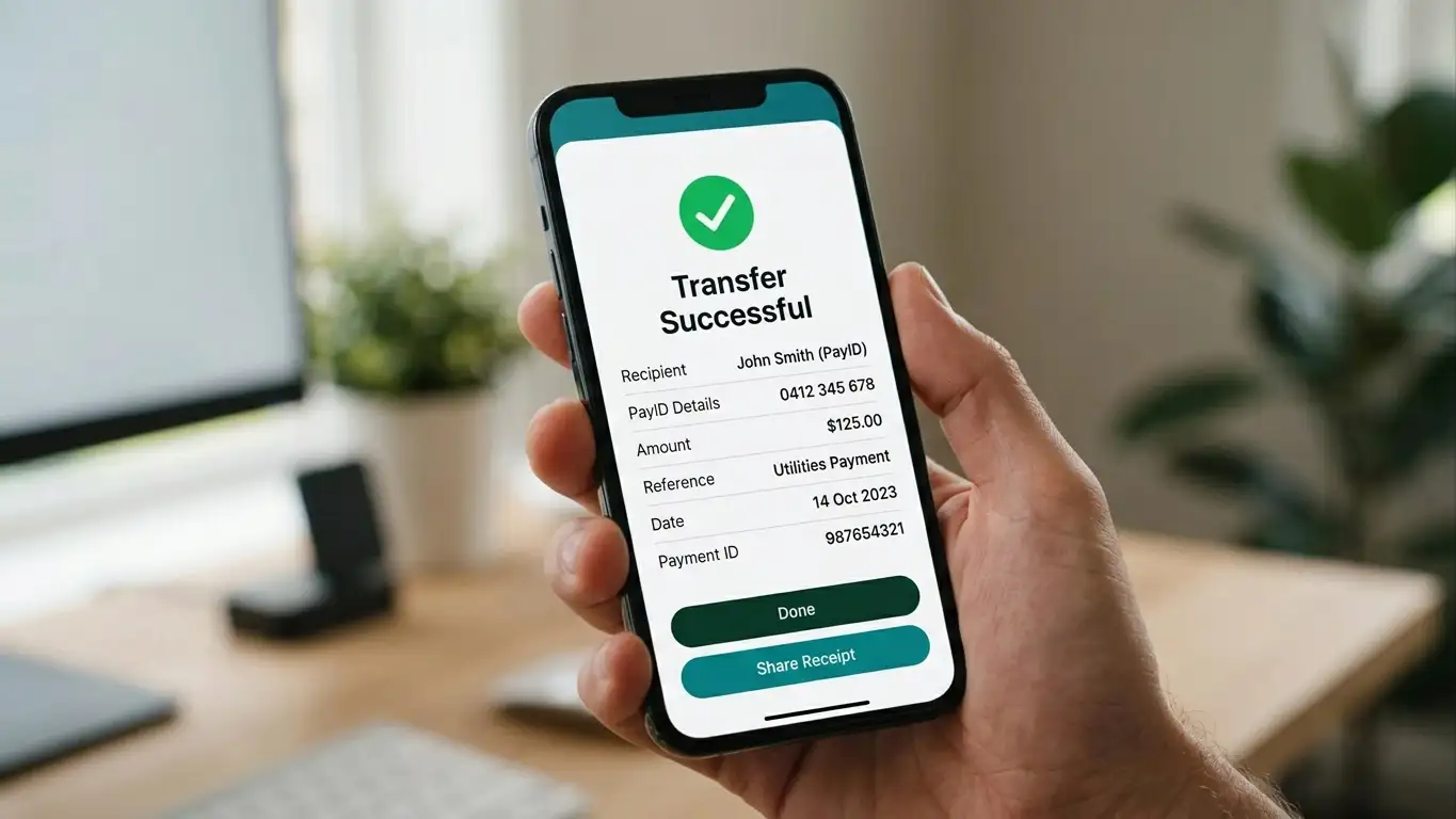 Australian banking app showing PayID transfer screen on smartphone