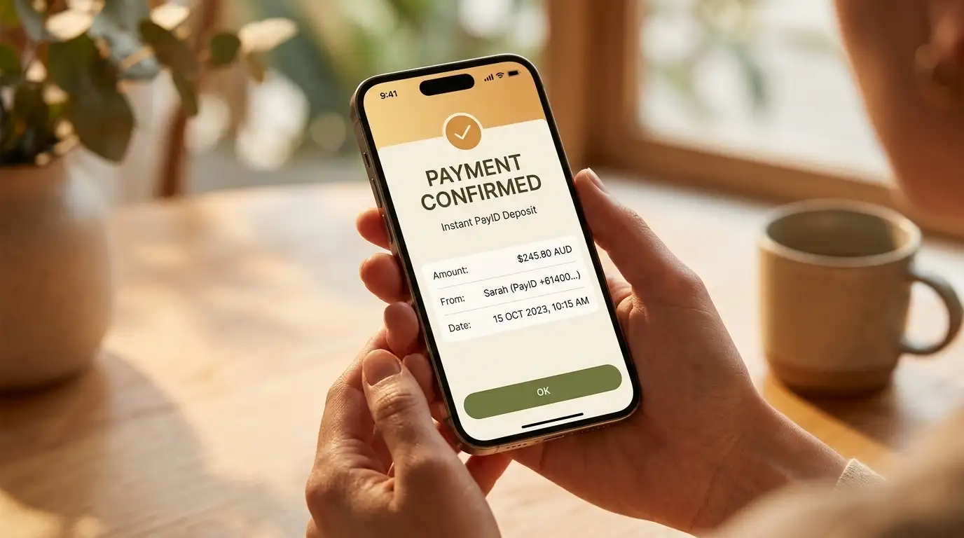 PayID instant payment interface on smartphone with casino deposit screen