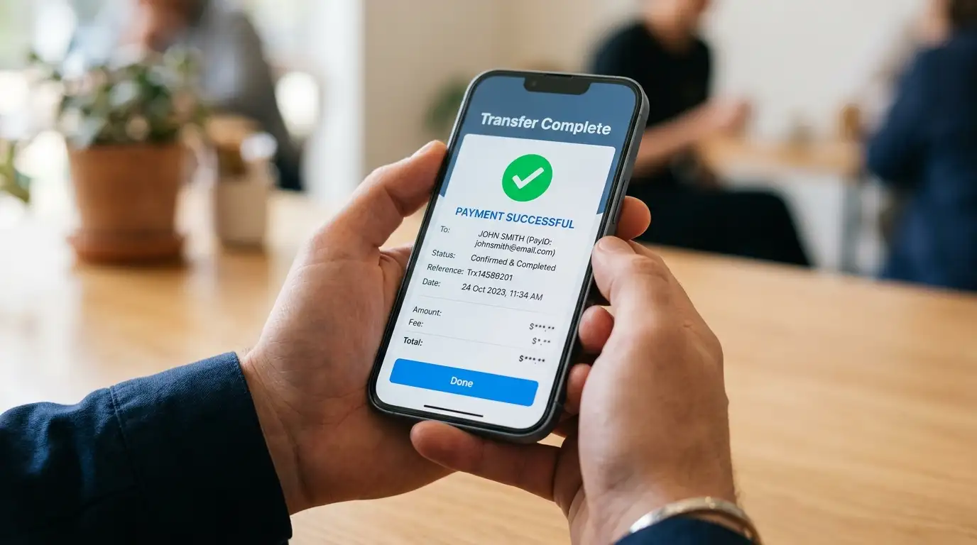 Smartphone showing PayID transfer confirmation screen