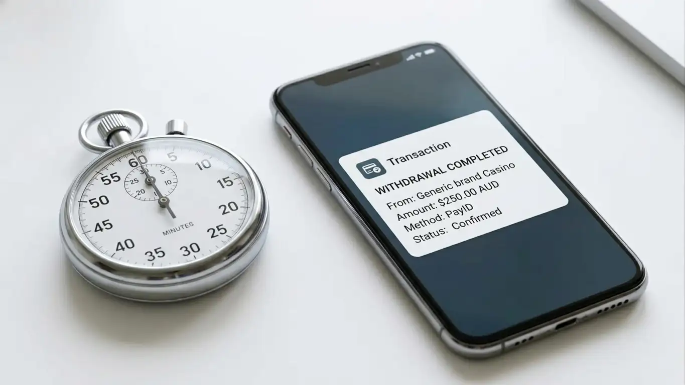 Stopwatch showing 25 minutes next to smartphone displaying completed PayID casino withdrawal