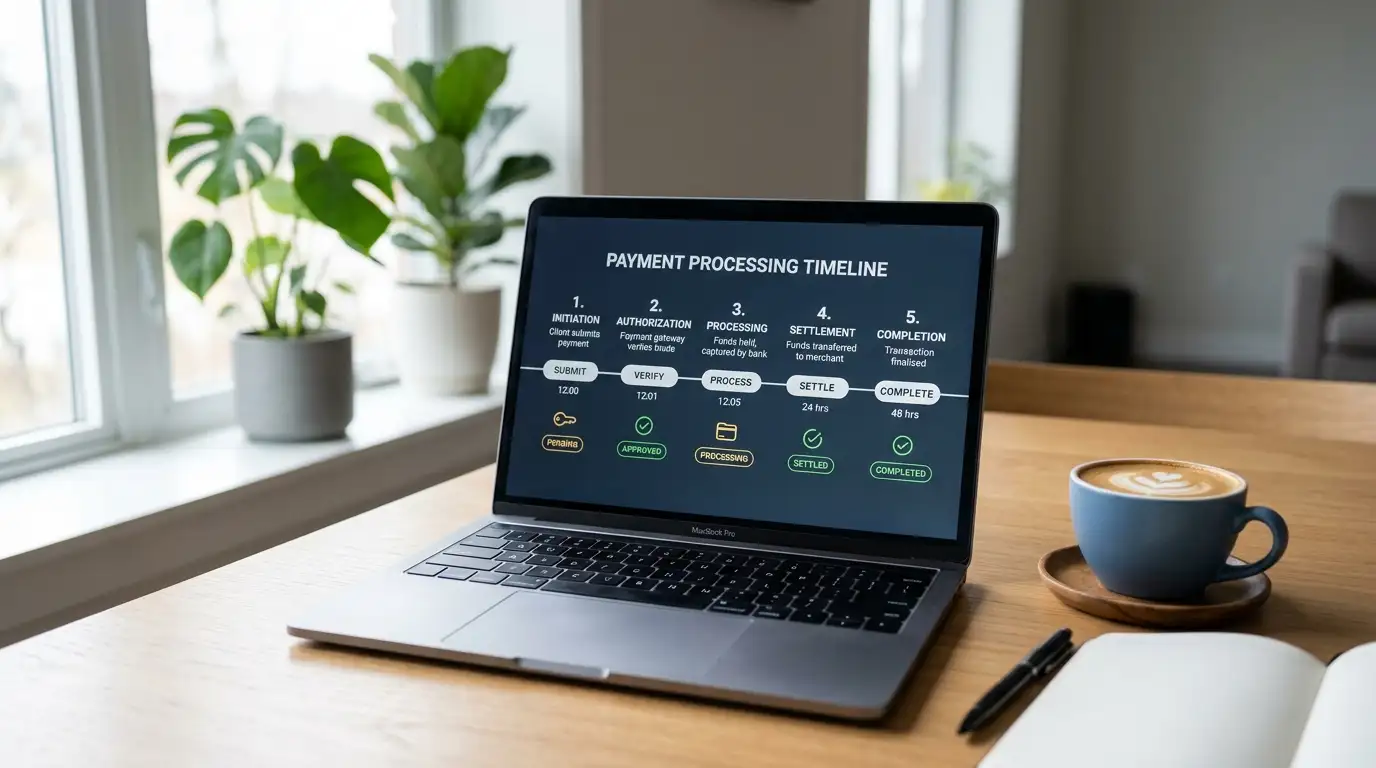 Laptop screen showing payment processing timeline diagram with clean modern interface
