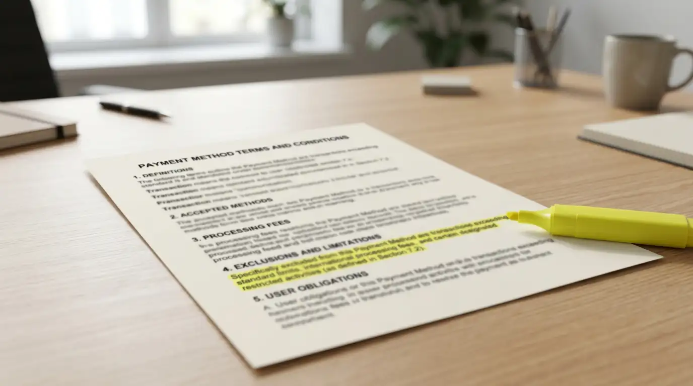 Payment method exclusion warning document on desk