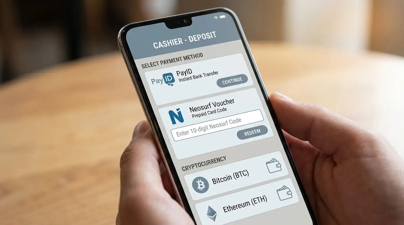 Smartphone showing payment method selection screen with PayID, Neosurf and crypto options