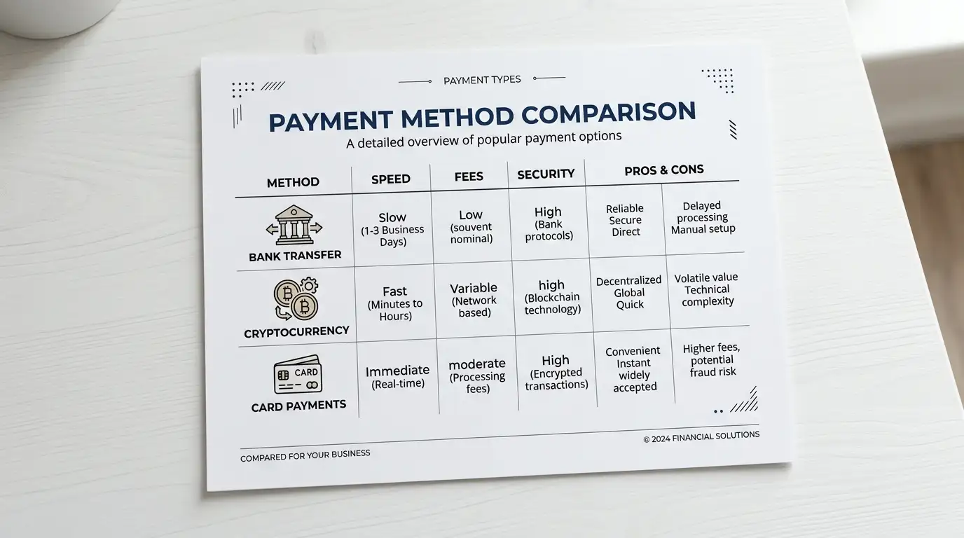 Clean infographic document showing payment method comparison with neutral icons