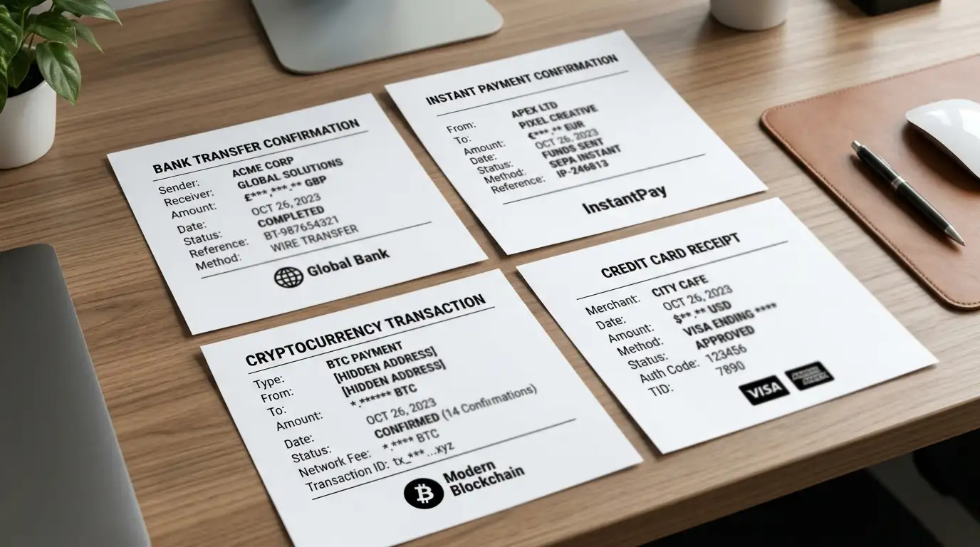 Four payment method receipts arranged on desk