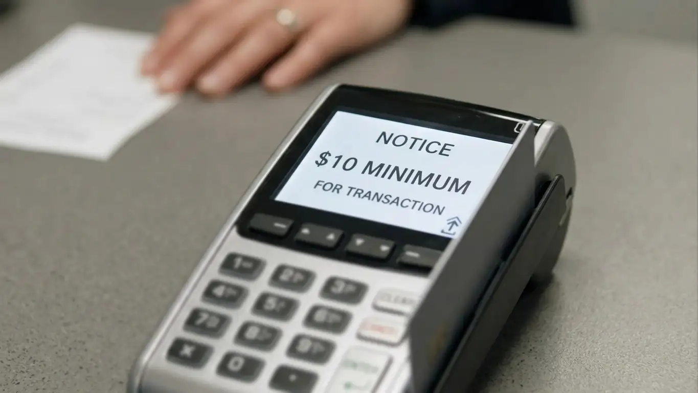 Close-up of payment terminal showing $10 minimum transaction notice