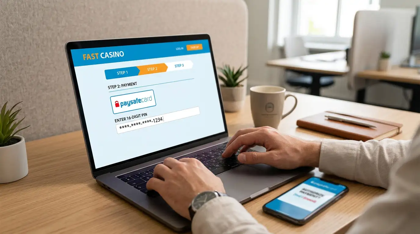 Laptop screen showing casino cashier with Paysafecard selected and hands typing PIN code
