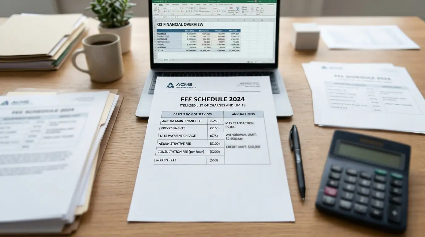 Fee structure document on desk with itemized charges and limits visible alongside calculator